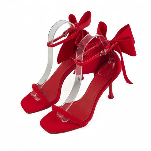 SATIN EFFECT BOW HIGH HEEL SANDALS